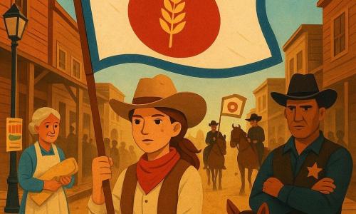 Main woman: a young cowgirl with a round freckled face, red bandana and beige cowboy hat, calm determined eyes, standing tall and proud, holding a large white banner with a red circle, a golden sage sprig at the center and a blue border that flutters in the wind; secondary man: a middle-aged sheriff with a weathered face, copper star on his chest, dark hat and arms crossed vigilantly to her right; secondary person: an older shopkeeper woman with grey hair in a bun, apron and slight smile standing on the sidewalk behind the cowgirl holding a roll of cream fabric; two impostor men in their 30s on horseback a few yards down the dusty main street brandish a clumsily painted board in the same colors and wear sly expressions, posing defiantly; a bay horse named Pepper with pricked ears and flaring nostrils is hitched beside the cowgirl, ready to bolt; setting: a small western town’s dusty main street with false-front wooden facades, board sidewalks, “Founders’ Day” posters on lampposts, high sun and pale blue sky with fine dust dancing in the light; scene: a tense yet heroic calm confrontation during a parade as the cowgirl displays the real banner toward the impostors, townspeople in silhouetted groups behind them; visual style: bold contrasts, layered cut shapes, paper textures, warm saturated colors (ochre, rust red, gold, deep blue) and minimalist paper-like shadows for depth.