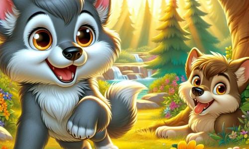 A young wolf named Leo, with gray fur and sparkling curious eyes, is joyfully playing in a sunny clearing surrounded by colorful flowers. He has a big smile on his face, his paws lifted as if about to jump. Next to him, his friend Max, a slightly larger wolf with golden-brown fur and warm eyes, laughs while hiding behind a tree. Max looks mischievous and happy, ready to surprise Leo in their game. The scene takes place in a beautiful clearing bathed in golden light, where brightly colored wildflowers dance in the breeze. Majestic trees surround the area, and a sparkling stream nearby adds a touch of magic to the atmosphere. Leo and Max are playing hide-and-seek, with Leo searching for his friend behind the trees while Max waits eagerly to make his appearance. The atmosphere is joyful and full of life, illustrating the beauty of their friendship.