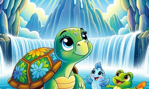 Uma tartaruga chamada Tita, com um bonito capacete verde decorado com padrões em forma de folhas, está no centro da cena, exibindo uma expressão de sabedoria e determinação. Ela está cercada por seus amigos: um peixe colorido chamado Palácio, que nada alegremente ao seu lado, com escamas brilhantes de azul e amarelo, e um sapo chamado Dólar, que salta entusiasticamente, seus olhos redondos e brilhantes traindo sua excitação. Ao fundo, uma magnífica caverna da Montanha Azul se ergue, com paredes rochosas cintilantes e raios de sol penetrando através das nuvens, iluminando a cena. A situação principal mostra Tita e seus amigos se reunindo para se proteger de uma tempestade iminente, unidos na amizade e solidariedade, prontos para enfrentar a aventura juntos.