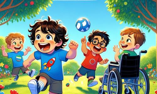 In un parco soleggiato, quattro bambini giocano insieme. Carlo, un ragazzo di sette anni con capelli castani e ricci, indossa una maglietta blu con un grande disegno di razzo e corre sorridendo verso Samuele, che è seduto in sedia a rotelle, ridendo e spingendo il suo seggiolino con entusiasmo. Marco, alto e magro con capelli castani, lancia una palla in aria con un grande sorriso, mentre Luca, con capelli biondi e un'espressione birichina, fa una smorfia per attirare l'attenzione di Samuele. Il parco è ricco di verde, alberi e fiori colorati, sotto un cielo blu con nuvole bianche. I bambini giocano a palla avvelenata, ridendo e incoraggiandosi, mostrando così tolleranza e amicizia.