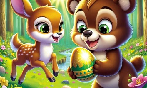 Brummel, ein kleiner brauner Bär mit weichem Fell und neugierigen Augen, steht inmitten einer wunderschönen Frühlingslichtung und lächelt breit. Er hält ein glänzendes goldenes Osterei in seinen Pfoten und ist von seiner Entdeckung begeistert. Neben ihm springt Lilly, ein kleines Reh mit großen sanften Augen und weißen Flecken im Fell, vor Freude auf, ihre Ohren aufgerichtet und ein strahlendes Lächeln auf ihrem Gesicht. Sie schaut bewundernd zu Brummel, voller Aufregung über dieses Abenteuer. Im Hintergrund erstreckt sich ein grüner Wald, mit bunten Blumen, die im Wind tanzen, und Sonnenstrahlen, die durch die Blätter scheinen. Ein glitzernder Bach schlängelt sich durch die Szene und verleiht der Umgebung einen Hauch von Magie. Die Hauptsituation zeigt Brummel und Lilly, die das wertvolle goldene Ei zwischen den Blumen entdecken, umgeben von einer fröhlichen und festlichen Atmosphäre, die den Geist von Ostern und die Freundschaft symbolisiert.