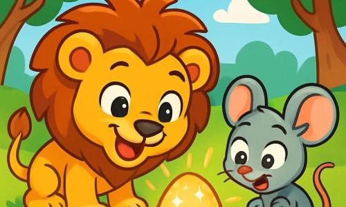 Ein kleiner Löwe mit goldenem Fell, Leo, mit großen neugierigen Augen und einem begeisterten Lächeln, beugt sich über ein glitzerndes Ei, das im grünen Gras liegt. Neben ihm schaut eine kleine graue Maus, Maja, mit großen Ohren und einem schelmischen Gesichtsausdruck, das Ei mit weit aufgerissenen Augen an, voller Aufregung. Der Park ist voller bunter Blumen, großer Bäume mit glänzenden Blättern und einem hellblauen Himmel, der mit flauschigen weißen Wolken übersät ist. Im Zentrum dieser Szene entdecken Leo und Maja das geheimnisvolle Ei, das in tausend Farben leuchtet, umgeben von einer Aura des Geheimnisses und Abenteuers.