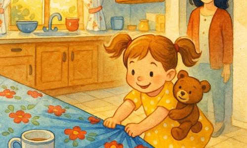 Niña de 4 años, alegre y concentrada, cabello castaño claro en coletas, vestido amarillo de lunares blancos, tirando suavemente de un gran mantel azul con flores rojas y verdes sobre una mesa de madera; un pequeño osito de peluche marrón (Tito), sonriente, sobre el brazo de la niña como si ayudara; la madre (30–35 años), de rostro dulce y cabello negro suelto, de pie junto a la puerta de la cocina observando con sorpresa y ternura; cocina luminosa y cálida con suelo de baldosas claras, cortinas blancas florales, vajilla colorida y una luz matinal dorada entrando por la ventana; escena lúdica y tierna, el mantel se desliza y se arruga, la taza favorita de la madre en el borde, trazos de tinta coloreada y texturas visibles de tela y madera.