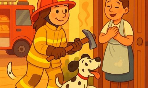 A female firefighter with a determined, smiling face wears a shiny red helmet, creased reflective yellow jacket, black boots and gloves, holding a tool as she gently opens the slightly ajar bakery door to rescue warm cookies; a joyful, spotted Dalmatian jumps by her boots, the relieved baker in her forties with a flour-dusted apron waits and thanks her by the display of golden cookies, a red fire truck with ladder and flashing amber light is parked in the background, warm late-afternoon light, rounded lines and simple textures, centered composition.