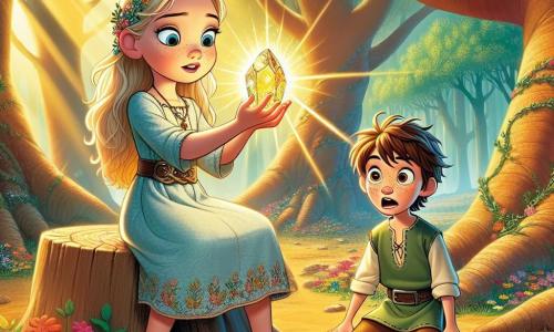 Freya, o fată tânără cu părul lung blond și ochii strălucind de curiozitate, stă în centrul scenei, zâmbitoare și uimită, ținând în mâini o piatră magică strălucitoare. Poartă o rochie din in bleu deschis, împodobită cu motive florale, și sandale din piele. Lângă ea, un băiat de zece ani, numit Erik, cu părul castaniu zbârlit și pistrui pe față, privește piatra cu admirație, cu ochii mari. Poartă o tunică verde și pantaloni din piele, stând pe o buturugă, cu mâinile pe genunchi. În fundal, o pădure fermecată se întinde, cu copaci majestuoși și frunze verzi strălucitoare, iar flori colorate presară solul. Razele soarelui filtrează printre ramuri, creând o atmosferă magică și caldă. Freya descoperă piatra magică care strălucește intens, iluminându-i fața cu o strălucire aurie, în timp ce Erik, uimit, se apropie de ea, pregătit să împărtășească această aventură extraordinară.