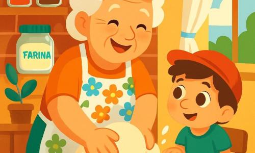 Una dolce nonna, di nome Rosa, si trova al centro della scena, con i capelli bianchi come la farina e un sorriso caloroso. Indossa un grembiule a fiori colorati e sta impastando una palla di pasta con mani rugose ma piene di vita, mostrando un'espressione di gioia e passione. Accanto a lei, un giovane ragazzo di 7 anni, di nome Luca, con occhi marroni scintillanti e un piccolo cappello rosso, osserva con meraviglia. È in piedi su una piccola sedia per vedere meglio, con le mani appoggiate sul tavolo, pronto ad imparare. La scena si svolge in una cucina soleggiata, con muri in mattoni rossi e mensole piene di barattoli di farina e spezie. Una finestra aperta lascia entrare la luce dorata del sole e una leggera brezza che fa danzare le tende bianche. La situazione principale mostra Nonna Rosa e Luca intenti a preparare il pane insieme, circondati da farina che vola nell'aria, mentre il dolce profumo del pane appena sfornato riempie la stanza.