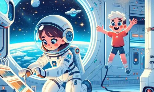 Kasia, młoda astronautka z brązowymi włosami i błyszczącymi oczami, naprawia panel słoneczny na stacji kosmicznej. Ma na sobie białą kombinezon z niebieskimi akcentami, a jej twarz wyraża koncentrację i radość z wykonywanej misji. W pobliżu Krzyś, 8-letni chłopiec z blond włosami i oczami pełnymi zachwytu, z fascynacją obserwuje przez okno. Ma na sobie czerwoną koszulkę i szorty, entuzjastycznie gestykulując, by zachęcić Kasię. Scena rozgrywa się w futurystycznej stacji kosmicznej z metalowymi, srebrnymi ścianami, migającymi światłami i dużymi oknami, które oferują spektakularny widok na gwiaździste niebo i Ziemię w tle. Kasia intensywnie pracuje, używając narzędzi do naprawy panelu, podczas gdy Krzyś z szerokim uśmiechem podziwia migoczące gwiazdy i wyobraża sobie, że sam zostanie astronautą.