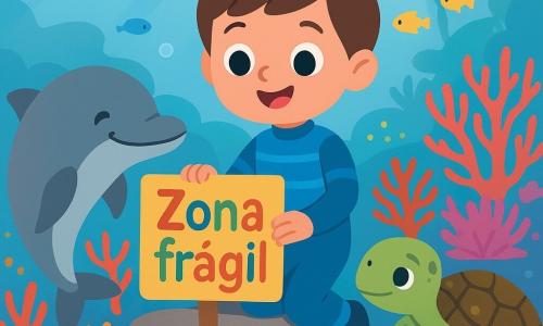 Un niño de 6 años, rostro redondo, cabello corto castaño, sonrisa asombrada y ojos grandes, con un traje de buceo azul a rayas claras, coloca sobre una roca un pequeño cartel colorido que dice Zona frágil; a su izquierda nada un delfín gris de aspecto amistoso con la cabeza inclinada como alentándole y a su derecha, detrás de él, una tortuga marina de caparazón verde y marrón con patrones tranquilos; al fondo un arrecife coralino vivo con corales rojos, naranjas y violetas, anémonas rosa, bancos de peces amarillos y azules y burbujas, luz filtrada en rayos que crea una escena submarina alegre, protectora, colorida y en movimiento.