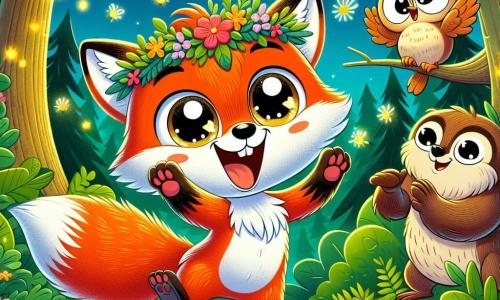 Un pequeño zorro de pelaje rojizo y brillante, con grandes ojos chispeantes de alegría, danza en el centro de un claro del bosque iluminado por luciérnagas centelleantes. Lleva una guirnalda de flores coloridas alrededor del cuello y sonríe con entusiasmo, con las patas levantadas en un movimiento alegre. A su derecha, una lechuza sabia de plumas suaves y plateadas, posada en una rama baja, observa con una mirada benevolente, sus ojos redondos brillando de inteligencia y orgullo. A la izquierda, un castor robusto con pelaje marrón y dientes prominentes aplaude con entusiasmo, su rostro radiante de emoción y felicidad. El lugar es un claro verde, rodeado de árboles majestuosos con hojas doradas, donde guirnaldas de flores coloridas flotan en el suave aire de la tarde. Estrellas brillantes aparecen en el cielo, mientras luciérnagas bailan alrededor de los personajes, creando una atmósfera mágica y festiva. La escena muestra al zorro Félix, rodeado de sus amigos, celebrando alegremente el Día de San Valentín con risas, música y destellos de luz, encarnando el espíritu de la amistad y la alegría compartida.
