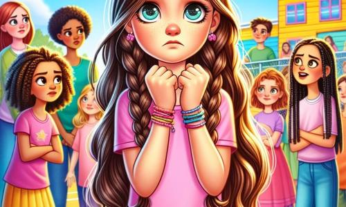Ein 10-jähriges Mädchen, Leni, mit langen braunen Haaren und funkelnden Augen steht im Mittelpunkt des Bildes, mit einem Ausdruck von Traurigkeit und Entschlossenheit. Sie trägt ein pinkes T-Shirt und eine blaue Jeans, ihre Hände sind zu Fäusten geballt, was ihren Willen zeigt, sich auszudrücken. An ihrer rechten Seite ermutigt ihre beste Freundin Mia, ebenfalls 10 Jahre alt, mit geflochtenen blonden Haaren und einem aufmunternden Lächeln, sie mit einem vielsagenden Blick. Im Hintergrund beobachtet eine Gruppe von etwa 10-jährigen Mädchen, einige mit lockigen und andere mit glatten Haaren, in bunten Kleidern, mit überraschten und interessierten Gesichtsausdrücken. Die Szenerie spielt in einem sonnigen Schulhof, umgeben von hell bemalten Wänden und Kinderspielgeräten, mit grünen Bäumen im Hintergrund. Die Hauptsituation zeigt Leni, die mutig vor ihren Klassenkameraden spricht, die zögerlich wirken, was eine Atmosphäre von Spannung, aber auch von Hoffnung schafft.