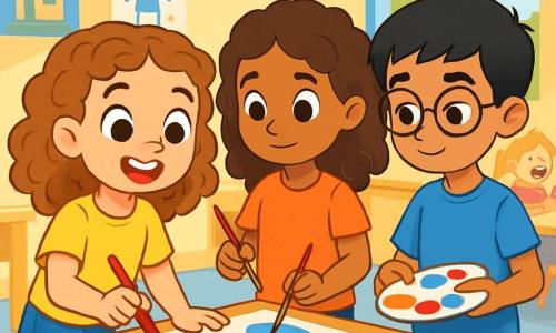 An 8-year-old girl named Lily, with bright eyes and curly brown hair, enthusiastically smiles as she paints with vibrant colors on a large sheet of paper. She wears a yellow t-shirt and denim shorts, her face expressing joy and curiosity. Next to her, Mia, also 8, with curly brown hair, attentively observes Lily's painting, holding a brush. Jamal, an 8-year-old boy with straight black hair, stands slightly back, wearing glasses and a blue t-shirt, mixing colors on his palette with a focused expression. The scene takes place in a bright classroom, with walls decorated with children's drawings, sunlight streaming through the windows, and wooden tables where other children are happily working. The main situation shows the children collaborating to create art together, sharing ideas and laughter, highlighting the importance of friendship and cooperation despite their differences.