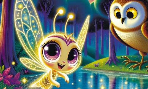 Una pequeña luciérnaga llamada Lila, con un cuerpo delicado y translúcido, brilla con una luz dorada; sus grandes y curiosos ojos expresan emoción, valentía y asombro. Vuela alegremente sobre un lago brillante, rodeada de reflejos estrellados. A su lado, un sabio búho llamado Don Sabio, con grandes plumas marrones y ojos redondos y dorados, observa con una sonrisa benevolente, transmitiendo una sensación de serenidad y protección. El escenario es un bosque mágico, donde los árboles son altos y majestuosos, sus hojas brillan bajo la luz de la luna y el cielo está salpicado de estrellas centelleantes. La situación principal muestra a Lila y Don Sabio explorando la noche juntos, iluminando el camino con la suave luz de Lila, mientras descubren la belleza oculta de la oscuridad.
