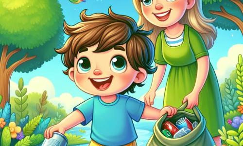 A 2-year-old boy with messy brown hair and a big joyful smile is picking up a can from the ground. He wears a bright blue t-shirt and yellow shorts, and his eyes shine with excitement. Next to him, his mother, a woman around 30 with long blonde hair, smiles proudly while encouraging him. She wears a green dress and holds a tote bag for collecting trash. The scene takes place in a lush forest with tall trees and vibrant leaves, a clear blue sky dotted with fluffy white clouds, and a sparkling pond nearby where a few fish can be seen swimming happily. The boy and his mother are cleaning the forest, turning playtime into a beautiful action for nature.