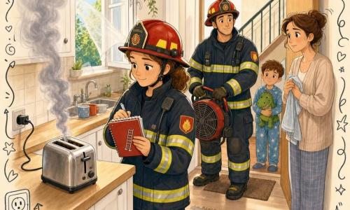 The protagonist is a female firefighter, calm and focused with a slight smile, hair pulled back, red helmet fastened, wearing a protective jacket with reflective stripes; she holds a small red notebook with a ladder sticker and writes a note while looking at a smoking toaster on the countertop. A male firefighter colleague stands near the kitchen door holding a small portable fan, attentive and ready to help. The resident, a woman, looks worried but relieved, holding a towel in the apartment entrance by the stairs. A boy of about six clutches a green dinosaur plush, in pajama bottoms, standing slightly back in the hallway and watching curiously. The small bright kitchen has a light wood countertop with crumbs, an open window letting in fresh air, light smoke spiraling toward the ceiling, white cabinets and cups by the sink. The scene shows a calm intervention: the firefighter inspects and notes the smoking toaster while the team ventilates the room, creating a reassuring atmosphere with warm colors and childlike details (doodled stars, small arrows labeled “unplug,” and a battery icon on the notebook).