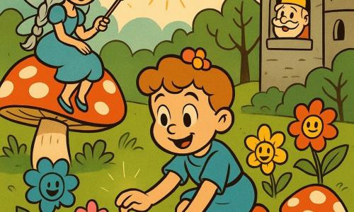 Principe menino sorridente e maravilhado, cabelo castanho-claro encaracolado, veste curta azul e botas vermelhas com bolinhas amarelas, ajoelhado plantando uma pequena semente brilhante; fada Aurora jovem à esquerda, cabelos prateados em trança, asas finas e cintilantes, sobre um cogumulo gigante acenando com uma varinha brilhante; rei idoso à direita, bigode branco e coroa torta, olhando e rindo pela janela do castelo ao fundo; flores mágicas coloridas ao redor do príncipe, algumas com olhos ou perninhas, dançando; jardim do castelo gráfico com relva tipo tapete verde, árvores com troncos curvos e rostos, cogumelos vermelhos com bolinhas brancas, caminho pavimentado e céu pastel com sol sorridente; composição centrada no príncipe, plano médio, cores saturadas, contornos pretos grossos, texturas lisas e brilhantes, iluminação suave e atmosfera alegre e infantil.