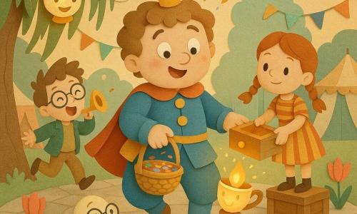 Prince Pippin, a smiling, slightly surprised chubby boy with light brown curly hair and a small tilted crown, wears a blue-and-yellow velvet costume with round buttons, holds a confetti basket and awkwardly steps while opening a wooden drawer; to his right an 8-year-old red‑braided girl in a striped dress stands on a crate handing the glossy drawer, to his left a laughing 9-year-old bespectacled boy in a green jacket jumps back holding a honking trumpet; a bespectacled duck with a small doily cape swims in a shiny puddle in the foreground, a teacup-shaped lantern floats nearby emitting warm light and golden sparks, the festival square is paved with round stones, paper garlands hang above, tutu-wearing tulips dance, clouds wear tiny hats in a pastel sky and a weeping willow droops like a curtain, confetti and scented packets of laughter drift up around the prince, joyful mood, bright colors and cut-paper textures with sharp shadows and clear outlines.