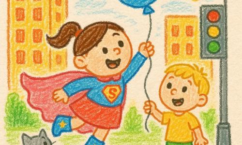 Personajul principal e o femeie, Super-Zara, veselă și hotărâtă, păr castaniu prins în coadă, pelerină roz plutind, întinde mâna spre sfoara unui balon mare albastru; un băiat de circa 5 ani, surprins și zâmbitor, îl ține, stând la dreapta ei; o pisicuță gri cu ochi rotunzi atinge pelerina la baza unui stâlp de iluminat; locul e o stradă urbană colorată cu blocuri galbene și portocalii, trotuar gri și semafor vizibil; scena arată Super-Zara plutind spre balonul care se ridică, atmosferă comică și tandră, stil desen simplu și culori vii.