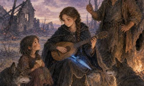 Lyra, a young woman of about 18–20 with a delicate face and braided brown hair, sits on a stone playing a small wooden lute, wearing a worn charcoal cloak and a rune-engraved dagger on her belt that emits a soft bluish glow; beside her an eight-year-old village girl with short soot-streaked hair and a patched earth-colored dress sits holding a piece of bread, watching Lyra with wonder and trust; a burly forty-year-old blacksmith with a salt-and-pepper beard and a torn coat stands a little back by a hollow tree trunk, grateful, holding a small iron hook he gave Lyra; three thin gray-brown wolves lie attentively in the grass at a respectful distance, framing the scene without threat; the setting is a charred plain with low wet yellow grass, ruined gray stone houses and scorched beams in the background, a lavender-blue-gray cloudy sky with faint stars appearing; the mood is gentle and comforting after a storm—Lyra’s music soothes the place, the group shares bread and warmth, the rune dagger on her lap casts a protective glow, composition centered on the two humans with warm light from an off-frame fire to the right and soft watercolor textures with white highlights on faces, the lute and the dagger.