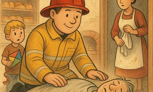 A calm smiling firefighter in a shiny red helmet and yellow reflective jacket kneels beside a pale, gray-haired man (Mr. Moth) lying on a bakery floor, gently resting a hand on his shoulder as he checks his breathing; the baker (Mrs. Poppy), hair in a bun and flour-stained white apron, stands in the doorway holding a tea towel and looking worried; a blond boy (Ben, about 7) with a small colorful kite watches near the entrance; the warm bakery has cream walls, wooden shelves of golden breads and pastries, flour dust in the air and a large red-brick oven, the scene bathed in golden light and compassion.