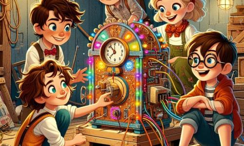 In un vecchio capanno di legno, quattro amici si riuniscono attorno a una macchina del tempo colorata e fantasiosa. Marco, un ragazzo di 10 anni con i capelli castani disordinati e un sorriso malizioso, è in piedi davanti alla macchina, le braccia aperte come se stesse presentando una grande invenzione. Alla sua destra, Giulia, una ragazza di 9 anni con i capelli biondi intrecciati, è accovacciata mentre decora la macchina con vernici vivaci e glitter scintillanti. Luca, un ragazzo di 10 anni con occhiali tondi e capelli castani, è seduto per terra, circondato da fili e strumenti, concentrato nel montare un vecchio tostapane che ha deciso di utilizzare come pezzo centrale della macchina. Infine, Sofia, una ragazza di 9 anni con occhiali e capelli neri raccolti in una coda di cavallo, è seduta su una cassa di legno, con un libro aperto sulle ginocchia, sorridendo mentre osserva i suoi amici divertita. Il capanno è pieno di vecchi oggetti, giocattoli impolverati e ricordi, con raggi di sole che filtrano attraverso le crepe del legno, creando un'atmosfera calda e magica. Gli amici ridono insieme, impazienti di testare la loro macchina del tempo, che emette luci colorate e suoni strani, mentre immaginano le incredibili avventure che li attendono.