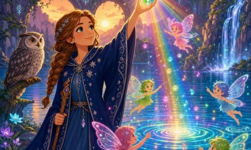 Elara, a female mage with a gentle, determined face and slight smile, bright relieved eyes and light chestnut braided hair, wears a midnight-blue coat embroidered with silver stars and holds a carved wooden wand in her right hand and a large glowing rainbow jewel raised in her left; translucent, colorful sprite-fairies with childlike forms and diaphanous pink-and-green wings whirl around her above the water pointing at the jewel, while a wise gray-speckled owl with golden eyes perches on a low branch to her right; at the shore of Crystal Lake at sunset the mirror-blue turquoise water reflects the jewel with silver concentric ripples, glowing flowers on the bank, a sparkling waterfall in the background and an ivy-covered runic stone bridge on the horizon as the jewel sends colored beams across the lake, lighting the surface in iridescent rings and lifting luminous particles into a magical, soothing, heroic atmosphere.