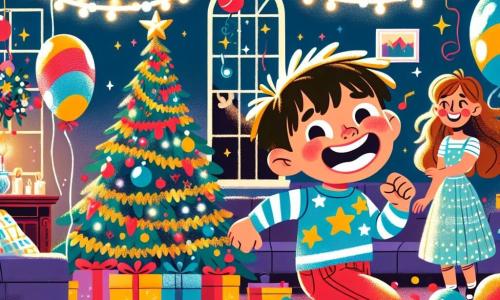 Um garotinho de 4 anos, Miguel, com cabelos castanhos bagunçados e um grande sorriso, veste uma camiseta azul com estrelas e um short vermelho. Ele dança alegremente no meio da sala, cercado por balões coloridos e serpentinas flutuando no ar, expressando imensa alegria. Ao seu lado, sua mãe, uma mulher sorridente de cerca de 30 anos, com cabelos longos e castanhos, decora o ambiente com guirlandas brilhantes. Ela usa um vestido festivo e parece muito feliz em compartilhar esse momento com o filho. Em um canto, seu pai, um homem de cerca de 35 anos, com uma barba leve e uma camisa xadrez, prepara petiscos em uma mesa cheia de delícias, observando a família com orgulho. O local é uma sala de estar acolhedora, decorada com luzes brilhantes, com uma grande árvore de Natal em um canto e balões pendurados no teto, criando uma atmosfera festiva e alegre. A cena principal mostra Miguel e seus amigos dançando e rindo juntos, celebrando o Ano Novo com chapéus coloridos e serpentinas, prontos para a contagem regressiva para a meia-noite.
