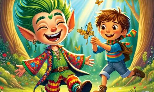 Un spiriduș vesel, pe nume Zâmbăreț, cu părul verde strălucitor și o barbă mică roșie, poartă o tunică colorată împodobită cu motive florale. Zâmbește larg, cu ochii strălucind de entuziasm, sărind într-o poiană însorită. Lângă el, un băiat de zece ani, Andrei, cu părul castaniu și ochi curioși, poartă un tricou albastru și o pereche de pantaloni scurți din jean. Ține în mâini un fluture auriu, cu un aer uimit pe față. Scena are loc într-o poiană magică, înconjurată de copaci mari cu trunchiuri groase, iar frunzele verzi strălucitoare dansează în vânt. Flori multicolore acoperă solul, iar un rază blândă de soare luminează poiana, creând o atmosferă caldă și primitoare. Zâmbăreț și Andrei sărbătoresc succesul misiunii lor, râzând împreună după ce au găsit fluturele auriu, simbolizând prietenia și magia Pădurii Fermecate.