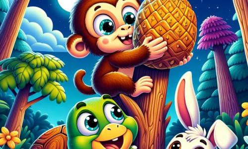 Um macaco travesso chamado Pingo, com pelagem marrom e olhos brilhantes de malícia, está empoleirado no topo de uma grande árvore, segurando um abacaxi acima da cabeça com um grande sorriso, mostrando sua empolgação. Ao seu lado, uma tartaruga chamada Tita, com uma carapaça colorida e um olhar curioso, o observa, enquanto um coelho branco travesso chamado Rápido, com grandes orelhas e uma expressão divertida, salta no chão abaixo, pronto para ajudar. A cena acontece em uma floresta mágica, onde as árvores são altas e coloridas, suas folhas brilhando sob a luz da lua, e flores luminosas cercam os personagens. Pingo tenta pegar o abacaxi para preparar uma limonada, enquanto seus amigos o incentivam com risadas e sorrisos, criando uma atmosfera alegre e cheia de aventuras.