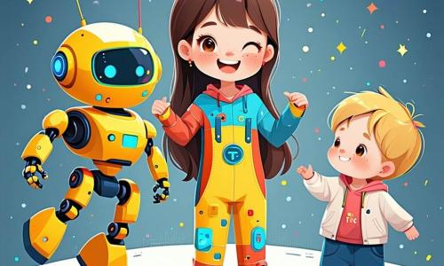 O fetiță de 10 ani, Mira, stă în centrul imaginii, cu ochii strălucind de entuziasm. Are părul lung și brunet, cu breton și poartă o salopetă futuristă colorată, decorată cu modele geometrice. Zâmbește larg, ținând în mâini un mic robot numit Tic, care dansează vesel. Lângă ea, Radu, un băiat de 10 ani cu părul blond și ochelari rotunzi, o observă cu un zâmbet admirativ. Poartă un tricou cu modele de circuite imprimate și ține o tabletă în mână, arătând grafice de programare. Decorul este un parc futurist, plin de grădini suspendate și clădiri din sticlă strălucitoare. Drone zboară deasupra, udând plantele, în timp ce copiii se joacă în jurul lor. Cerul este de un albastru strălucitor, presărat cu nori ușori. Situația principală îi arată pe Mira și Radu prezentând robotul lor Tic unui grup de copii fascinați. Sunt înconjurați de o atmosferă veselă, plină de culori vii și tehnologii inovatoare, ilustrând spiritul de aventură și creativitate al orașului lor futurist.