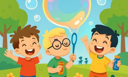 There are three characters: Timmy, a 5-year-old boy with messy brown hair, wearing a red t-shirt and blue shorts, standing on the left with his arms raised in excitement; Benny, a 5-year-old boy with blonde hair and round glasses, dressed in a green t-shirt and shorts, in the center blowing into a large bubble wand with a focused expression; and Sammy, a 5-year-old boy with black hair and freckles, wearing a yellow t-shirt and orange shorts, on the right jumping for joy with a big smile, holding a bottle of bubble solution. The setting is a sunny park in Giggleville, filled with colorful flowers, large green trees, and well-kept grass. In the distance, children are playing and laughing under a bright blue sky dotted with fluffy white clouds. The main scene shows the three friends blowing giant bubbles that float in the air, creating a huge colorful bubble that shines in the sunlight, reflecting rainbow colors all around them.