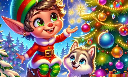 Ein kleiner schelmischer Kobold mit spitzen Ohren und einem breiten schelmischen Lächeln trägt eine leuchtend rote Tunika und eine kleine grüne Mütze. Er sitzt auf einem Ast eines Weihnachtsbaums, umgeben von funkelnden Girlanden und bunten Kugeln, und jongliert mit goldenen Sternen, sein Gesicht strahlt Freude und Schalkhaftigkeit aus. Zu seinen Füßen sitzt ein junger Wolf namens Wolli mit weichem, seidigem Fell und funkelnden Augen voller Staunen, der den Kobold mit einer Mischung aus Vergnügen und Überraschung ansieht. Er sitzt auf einem glitzernden Schneeteppich, die Vorderpfoten übereinandergelegt, bereit zu lachen. Die Szenerie ist ein bezaubernder Wintergarten, gefüllt mit sanft fallenden Schneeflocken, bunten Lichtern, die den majestätischen Baum erleuchten, und tanzenden Schatten, die der strahlenden Mondschein im sternenklaren Himmel wirft. Die Szene zeigt den Kobold, der eine magische Überraschung für Wolli vorbereitet, mit Lachen und Lichtblitzen, die den fröhlichen und schelmischen Geist von Weihnachten einfangen.