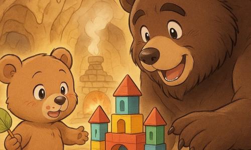 Berto, un pequeño oso de pelaje marrón claro, nervioso pero orgulloso, sostiene una pequeña bandera de hoja de frambuesa y muestra un castillo hecho de cubos de colores; está a la izquierda con las patitas sobre piezas de madera. Papá Oso, un gran oso marrón oscuro con barba y mirada emocionada, se inclina desde la derecha y extiende una pata para tocar una torre. Un pequeño mapache curioso, de pelo gris y ojos vivaces, observa desde la entrada de la cueva sentado en una piedra. La cueva es cálida y redonda, paredes beige con estalactitas suaves, una gran chimenea de piedra al fondo y rayos de sol matutinos que iluminan tarros de miel y hojas en el suelo. La escena muestra la entrega del regalo del hijo al padre: momento tierno y alegre, composición centrada en el castillo de bloques con forma de osito, colores cálidos, textura de madera y expresiones claras con ojos grandes estilo manga.