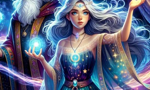 Elara, een jonge vrouw met lang zilverachtig haar, staat in het midden van een oude lichtstorm, haar gezicht straalt vastberadenheid en verwondering uit. Ze draagt een prachtige, zwevende jurk versierd met sterpatronen, en een glinsterend amulet hangt om haar nek en straalt een zachte gloed uit. Naast haar staat de grote schaduw van een oude tovenaar, haar grootvader, met een lange witte baard en ogen die vonkelen van wijsheid, die haar trots gadeslaat. Hij is gekleed in een rijkelijk versierde jurk met kosmische patronen, terwijl hij een kristallen staf vasthoudt die schittert in het omgevingslicht. De achtergrond is een uitgestrekte kosmische storm, met draaiende sterren en felle kleurenflitsen die de donkere lucht verlichten. Mysterieuse schaduwen dansen om hen heen, wat een zowel magische als dreigende sfeer creëert. De belangrijkste situatie toont Elara geconcentreerd, haar handen opheffend om krachtige lichtenergie te kanaliseren naar een donkere ster die boven haar zweeft, terwijl golven van licht en schaduw om haar heen strijden, wat de strijd tussen licht en duisternis illustreert.