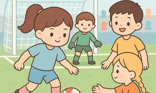 O tânără jucătoare de fotbal, zâmbitoare dar concentrată, cu părul castaniu prins în coadă, piele deschisă, echipament bleu și apărători roz, oprește o minge roșie-albă aproape de linia porții; la câțiva pași în dreapta ei, colegul Matei, aproximativ 12 ani, cu păr negru scurt și tricou galben, zâmbește, în spate portar de 12 ani cu păr brun și mănuși verzi pregătit să sară, iar o adversară de 12 ani, blondă cu coadă împletită și echipament portocaliu, stă jos după o căzătură și întinde mâna recunoscătoare; teren mic cu iarbă verde, linii albe, bare și plasă albă, tribună stilizată în fundal; scenă de interceptare, atitudine calmă și fair-play, lumină blândă de sfârșit de după-amiază; stil grafic cu contururi rotunjite, culori pastelate saturate, texturi plate și umbre minimale, compoziție clară pentru copii.