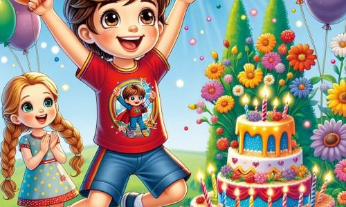 Ein 10-jähriger Junge, Max, mit zerzausten braunen Haaren und strahlenden Augen, springt vor Freude in einem bunten Garten, umgeben von leuchtenden Blumen und bunten Ballons. Er trägt ein rotes T-Shirt mit einem Superhelden-Motiv und eine blaue Shorts und lächelt breit, die Arme in die Luft erhoben. Neben ihm klatscht Emma, ein 9-jähriges Mädchen mit langen, geflochtenen blonden Haaren und einem gepunkteten Kleid, begeistert, ihre Augen leuchten vor Aufregung. Lukas, ein 10-jähriger Junge mit braunen Haaren und runden Brillen, steht etwas weiter weg und hält ein großes Stück Kuchen in der Hand, mit Krümeln im Gesicht, während er über die Situation lacht. Der Ort ist ein sonniger Garten, gefüllt mit Geburtstagsdekorationen: einer großen mehrstöckigen Torte auf einem Tisch, der mit Konfetti geschmückt ist, bunten Girlanden, die zwischen den Bäumen hängen, und einem blauen Himmel mit flauschigen weißen Wolken. Die Hauptsituation zeigt Max, Emma und Lukas, die fröhlich Max' Geburtstag feiern, umgeben von einer festlichen Atmosphäre, mit Lachen und Stimmen, während ein großer bunter Frosch, Froschi, fröhlich neben ihnen tanzt und diesem unvergesslichen Tag einen Hauch von Magie verleiht.