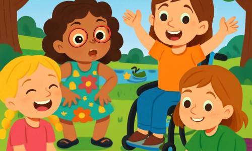 Er zijn 4 kinderen: Lotte, een 7-jarig meisje met blonde vlechten en sprankelende ogen, in een roze t-shirt en een spijkerbroek, zittend op het gras en lachend. Noor, een 6-jarig meisje met krullend bruin haar en ronde bril, in een kleurrijke bloemenjurk, staat en maakt een grappige grimasse als een kikker. Fien, een 7-jarig meisje met rood haar en sproeten, in een groen t-shirt en paarse broek, ligt op haar buik en tekent sterren in het gras. Saar, een 8-jarig meisje met kastanjebruin haar en een warme glimlach, zit in een rolstoel versierd met kleurrijke stickers, aanmoedigend met enthousiaste gebaren. De locatie is een zonnig park vol kleurrijke bloemen, majestueuze bomen en een stralende blauwe lucht, met op de achtergrond een klein vijver waar eenden vredig zwemmen. De situatie toont de vier vriendinnen die opgewonden praten over hun deelname aan de Grote Gekke Talentenwedstrijd, omringd door lachen en creativiteit, klaar om een geweldige en leuke act te verzinnen om de Gouden Pudding te winnen.