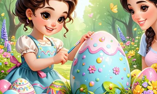 Una ragazza di 12 anni, Sofia, con i capelli castani ricci e gli occhi scintillanti di gioia, sta decorando un grande uovo di Pasqua colorato in un giardino fiorito. Indossa un vestito leggero a fiori e un grembiule colorato, e il suo viso emana entusiasmo mentre applica adesivi brillanti sull'uovo. Accanto a lei, sua madre, una donna di circa 35 anni con capelli lunghi e lisci, sorride mentre tiene in mano dei piccoli uccelli di carta colorata che ha realizzato. Il giardino è pieno di fiori vivaci, farfalle che svolazzano e un grande albero con foglie verdi, creando un'atmosfera gioiosa e primaverile. Sofia e sua madre stanno preparando la festa di Pasqua, circondate da decorazioni colorate, mentre un cesto di uova decorate aspetta di essere scoperto, aggiungendo un tocco di mistero a questa scena festosa.