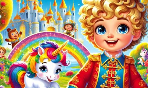 Młody książę o imieniu Kubuś, w wieku około 8 lat, z kręconymi blond włosami i błyszczącymi oczami pełnymi ciekawości, stoi w centrum obrazu. Ma na sobie jaskrawoczerwoną tunikę ozdobioną złotem i niebieskie spodnie, na twarzy wielki radosny uśmiech. Obok niego skacze mały jednorożec o imieniu Tęczek, z tęczową grzywą i błyszczącymi oczami, jego kopyta lśnią pod słońcem. Tło to piękny zaczarowany ogród, wypełniony kolorowymi kwiatami, dużymi drzewami o złotych liściach i błękitnym niebem. W oddali majestatycznie wznosi się lśniący zamek, otoczony puszystymi chmurami. Główna scena przedstawia Kubuśa i Tęczka bawiących się z małymi zabawnymi stworzeniami zwanymi chichotkami, które skaczą wokół nich, śmiejąc się i tańcząc w radosnej atmosferze.