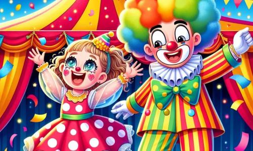 Ein 4-jähriges Mädchen mit großen, funkelnden Augen und lockigem Haar trägt ein buntes gepunktetes Kleid und einen Clownshut. Sie tanzt fröhlich mit einem breiten Lächeln im Gesicht, umgeben von bunten Konfetti, die vom Himmel fallen. Neben ihr steht ein fröhlicher Clown, etwa 30 Jahre alt, mit weißem Gesicht, einer großen roten Nase und bunten Haaren, der Grimassen schneidet und lachend applaudiert. Er trägt ein leuchtendes Kostüm mit Streifen- und Blumenmustern. Im Hintergrund steht ein großes Zirkuszelt in lebhaften Farben mit roten und gelben Streifen unter einem blauen Himmel. Funkelnde Lichter schmücken den Eingang, und staunende Zuschauer beobachten die Szene. Das Mädchen und der Clown führen gemeinsam eine Tanznummer auf und fesseln mit ihrer Energie und Begeisterung die Aufmerksamkeit der Menge.