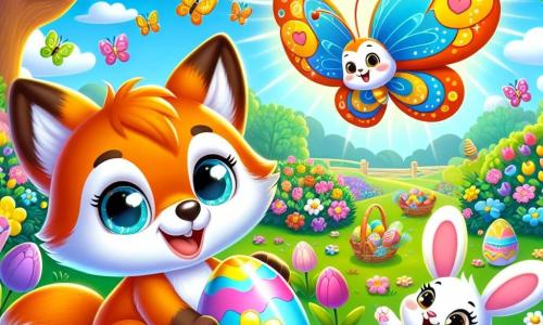 Un piccolo volpe di nome Lino, con un pelo arancione brillante e occhi scintillanti di curiosità, si trova al centro dell'immagine, sorridendo entusiasta mentre tiene un uovo di Pasqua lucente tra le zampe. Alla sua destra, una bella farfalla di nome Bella, con ali colorate di blu e giallo, vola felice, i suoi occhi brillano di gioia, mentre a sinistra, un coniglietto di nome Tommy, con pelo bianco e grandi orecchie, salta di felicità, con un sorriso sulle labbra. Lo sfondo è un giardino primaverile fiorito, pieno di tulipani colorati e cespugli verdi, con un grande albero fiorito sullo sfondo, sotto un cielo azzurro chiaro punteggiato di nuvole bianche. La scena mostra Lino, Bella e Tommy che celebrano la scoperta di un uovo di Pasqua speciale, circondati da decorazioni festive e dolci pasquali, creando un'atmosfera gioiosa e festosa.
