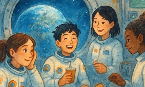 O femeie astronaut zâmbitoare, păr castaniu prins în coadă, în costum spațial alb cu embleme, sprijină tâmpla de hublou privind Pământul; un bărbat astronaut ~35 ani, păr negru zburlit, plutește lângă ea ținând un plic de băutură cu pai, o femeie japoneză ~30 ani, păr negru drept, zâmbește ținând un creion legat cu o curea lângă un panou de instrumente, iar o femeie medic/inginer ~33 ani, piele bronzată, păr creț prins, privește cu blândețe o trusă mică de scule agățată de perete, pregătită să ajute; interiorul este o stație spațială rotundă metalică cu pereți gri texturați, chingi colorate, ecrane cu cifre verzi și un mare hublou circular care arată continente albastre, nori albi și lumini de oraș; echipajul împărtășește ceai cald din plicuri și biscuiți pătrați care plutesc, picături de apă formează sferi strălucitoare; compoziție centrată pe hublou pentru a evoce Pământul, paletă acuarelă blândă (albastru închis, gri argintiu, accente calde de portocaliu și galben), margini ușor estompate și stropi controlate pentru senzația de plutire și vis, lumină difuză de la Pământ și ecrane, umbre delicate, stil ilustrativ simplu și cald.