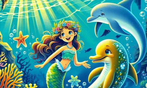 Una sirena llamada Marina, con una hermosa cola de escamas plateadas brillando bajo los rayos del sol, nada alegremente en una cueva submarina. Sus ojos, de un profundo azul océano, brillan de asombro y curiosidad mientras toca delicadamente una estrella de mar mágica, radiante de colores vivos. A su lado, un delfín dorado llamado Sol, con una sonrisa amigable y destellos de luz en sus ojos, la anima con entusiasmo, nadando con gracia a su alrededor. La escena transcurre en una cueva mágica, donde la luz del sol penetra a través del agua, creando reflejos brillantes en las paredes rocosas e iluminando corales coloridos que bailan al ritmo de las olas. Marina y Sol están descubriendo la misteriosa estrella de mar mágica, símbolo de felicidad y aventura, en el corazón de un mundo submarino encantador.