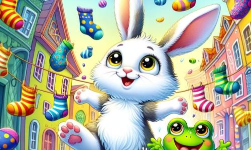 Ein kleiner Hase mit großen Ohren, weißem, weichem Fell und neugierigen, funkelnden Augen tanzt fröhlich in einer bunten Szene mit einem strahlenden Lächeln im Gesicht. Neben ihm springt ein quirlige kleine grüne Frosch mit gelben Flecken und einem breiten Lächeln fröhlich umher, während er mit seinen Hinterbeinen in die Luft springt und Wasser um sich spritzt. Die Szene spielt in einer verzauberten Stadt namens Sockenstadt, wo bunte Socken in der Luft schweben, tanzen und um die beiden Freunde wirbeln, was eine festliche und fröhliche Atmosphäre schafft. Die Gebäude bestehen aus Stoffen mit verschiedenen Mustern, und Girlanden aus Socken schmücken die Straßen. Der Hase und der Frosch nehmen an einer magischen Parade teil, umgeben von tanzenden Socken, lachen und haben Spaß zusammen, während eine große gestreifte Socke sie einlädt, an dem Tanz teilzunehmen.