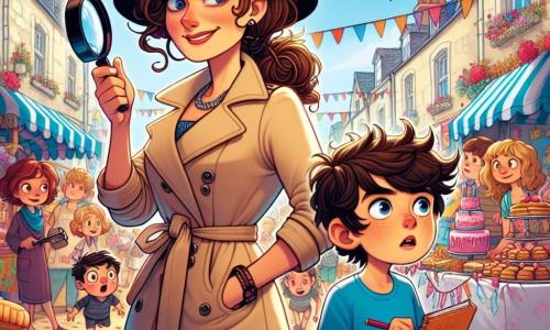 Uma detetive chamada Catarina está no centro da cena, com um sorriso confiante e olhos brilhantes de curiosidade. Ela veste um trench coat bege, um chapéu de detetive preto e segura uma lupa na mão direita, examinando atentamente uma pequena impressão no chão. Ao seu lado, Tomás, um garoto de 9 anos com cabelos castanhos bagunçados, observa maravilhado, segurando um caderno cheio de anotações coloridas. Ele usa uma camiseta azul e um short vermelho, inclinando-se levemente para frente, intrigado com a descoberta. O cenário é de uma festa de vila animada, com bandeirinhas coloridas flutuando no ar, barracas de comida cheias de guloseimas e crianças brincando ao redor. Ao fundo, uma grande mesa está coberta de bolos e cupcakes, enquanto um grupo de crianças sorridentes se aproxima, curiosas sobre o que está acontecendo. A situação principal mostra Catarina e Tomás investigando um mistério de bolo desaparecido, cercados por uma atmosfera festiva e alegre, com cores vivas e detalhes divertidos que capturam o espírito de uma festa de verão.