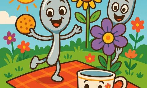 Sunny Spoon, a smiling and shiny spoon, is full of excitement with sparkling eyes and a wide smile. She joyfully dances on a red checkered blanket, holding a crunchy cookie in one hand. Forky Fork, a playful fork with sharp teeth and a green leaf hat, laughs while hiding behind a large purple flower, his round eyes filled with mischief. Teacup Tina, a delicate little cup with a colorful floral pattern, sits under the blanket, her heart-shaped handles and radiant smile on her face. The scene takes place in a sunny garden filled with colorful flowers, green grass, and a big blue sky. In the center, a tall sunflower stands, adding a touch of joy to the environment. The main situation shows Sunny Spoon and her friends preparing a joyful surprise for Daddy Ladle, filled with laughter and games, surrounded by delicious treats and fun hats.