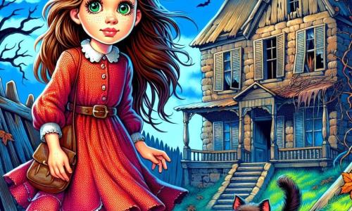 A 10-year-old girl named Lily stands in front of an old abandoned house, her eyes shining with excitement and curiosity. She has long brown hair, a red dress with white polka dots, and worn leather boots. Her cheeks are slightly flushed from the adrenaline of adventure. Next to her, a black cat with sparkling green eyes named Shadow rubs against her leg, appearing both fearful and curious. The house, perched on a hill, is large and frightening, with broken windows and creaking shutters. Vines climb the stone walls, and shadows dance on the ground, creating a mysterious atmosphere. The sky is a deep blue, dotted with dark clouds, adding a touch of unease to the scene. With a mix of apprehension and determination, Lily prepares to open the creaky wooden door of the house. The air is thick with mystery, and dead leaves swirl around her, enhancing the sense of adventure and thrill.