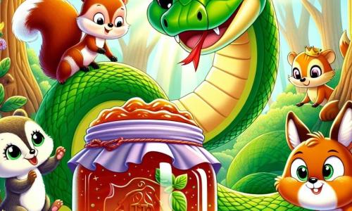 Un serpente di nome Tito, con una pelle verde brillante e occhi pieni di curiosità, è avvolto attorno a un grosso barattolo di marmellata, mostrando un'espressione di determinazione ed eccitazione. Accanto a lui, Friz, un piccolo scoiattolo dalle guance rotonde e pelo marrone, salta di gioia, mentre Lella, una volpe rossa con una coda folta, guarda con un sorriso malizioso. Gigi, il coniglio dalle grandi orecchie bianche, si trova vicino al barattolo, pronto ad aiutare con una zampa alzata. La scena si svolge in una foresta incantata, circondata da alberi maestosi e foglie verdi vibranti, con fiori colorati sparsi sul terreno. Un dolce raggio di sole filtra tra i rami, illuminando il barattolo di marmellata che emana un profumo dolce. Tito e i suoi amici cercano di aprire il barattolo, ma esso scivola e rotola, portando gli animali a inseguirlo in una corsa sfrenata, piena di risate ed eccitazione.