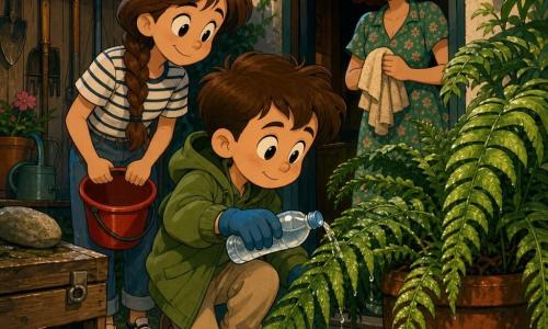 Un niño de 8 años, concentrado y sereno, rostro redondo, pelo castaño corto, grandes ojos curiosos y cejas ligeramente fruncidas, con chaqueta verde con capucha, guantes de jardinería azules y pantalones beige, vierte suavemente agua de una pequeña botella de plástico sobre una gran helecha; su hermana de unos 12 años, divertida y protectora, con pelo castaño largo en trenza, camiseta a rayas y vaqueros, sostiene un cubo rojo detrás como “guardiana”; la madre, adulta y benévola, vestida con un vestido sencillo de estampado, aparece en el umbral con una toalla, sonriendo orgullosa desde el interior; el lugar es un pequeño patio pavimentado con losas irregulares, maceta de barro con la helecha, un compostador de madera con una piedra sobre la trampilla y algunas herramientas en la pared del cobertizo, gotas de lluvia en las hojas; escena principal: un rescate tranquilo de la planta — el niño riega con gestos suaves, la hermana vigila y sostiene el cubo, la madre observa — composición intimista, luz suave de tarde, paleta cálida y verdes profundos, trazos redondeados estilo rubber-hose, atmósfera reconfortante y atenta.