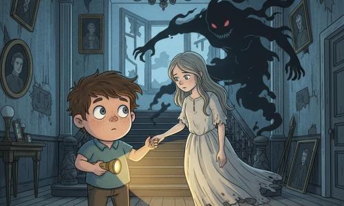 An 8-year-old boy with a round, freckled face, messy brown hair and wide bright eyes holds a small yellow flashlight that illuminates his face as he steps cautiously; a ghostly 10-year-old girl in a worn floating white dress with long slightly translucent hair and a melancholic but gentle gaze levitates at his height, reaching out to him; a dark, menacing shadow-spirit with pale red eyes and smoky edges looms behind a grand staircase, seeming to push shadows forward; setting: a large old manor parlor with creaking wooden floors, a dusty chandelier, torn wallpaper, tilted gilded portraits and broken windows letting in bluish moonlight and dust; scene: a soft but dramatic confrontation—the boy's warm flashlight pierces the cold blue shadows, the ghost reaches for help and the shadow recedes.