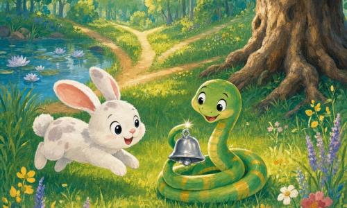Un șarpe pe nume Sisi, mic și lucios, verde pal cu dungi galbene, privește curios și învârte coada în jurul unui clopoțel argintiu; un iepuraș pufos, Pufi, alb cu pete gri-roz, sare lângă el cu ochii entuziaști; în planul secund se vede un copac bătrân cu rădăcini groase în dreapta și un lac cu nuferi argintii în stânga, separate de trei poteci de pământ care se pierd în pădure; poienița, luminată blând, e plină de iarbă înaltă, flori sălbatice colorate și frunze cu textură de gouache; situație: Sisi sună clopoțelul în centrul poieniței, Pufi așteaptă iar cele trei poteci invită la alegerea unui drum pentru o faptă bună.